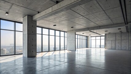 An empty, modern office building interior features a spacious, light-filled corridor with contemporary architecture and glass elements