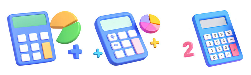 Calculator pie chart and number two in playful colorful 3D illustration representing mathematics calculation and financial concepts with cheerful educational vibe