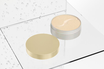 luxury under eye patches in iridescent gold packaging, round cosmetic skincare jar, Hydrogel eye mask in cylindrical Container with frosted metallic screw lid, hyaluronic acid patches product