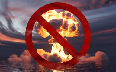 Stop nuclear war symbol over mushroom cloud explosion