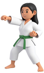 3D illustration of woman with long black hair wearing white martial arts uniform and green belt, standing in karate pose with confident expression