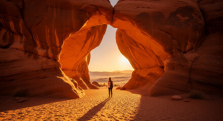 Woman standing beneath a natural sandstone archway at sunset casting a long shadow