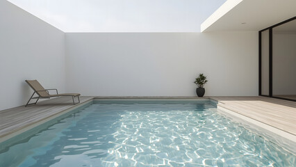 Modern minimalist swimming pool with clear water, surrounded by white walls and a wooden deck, with a lounge chair.