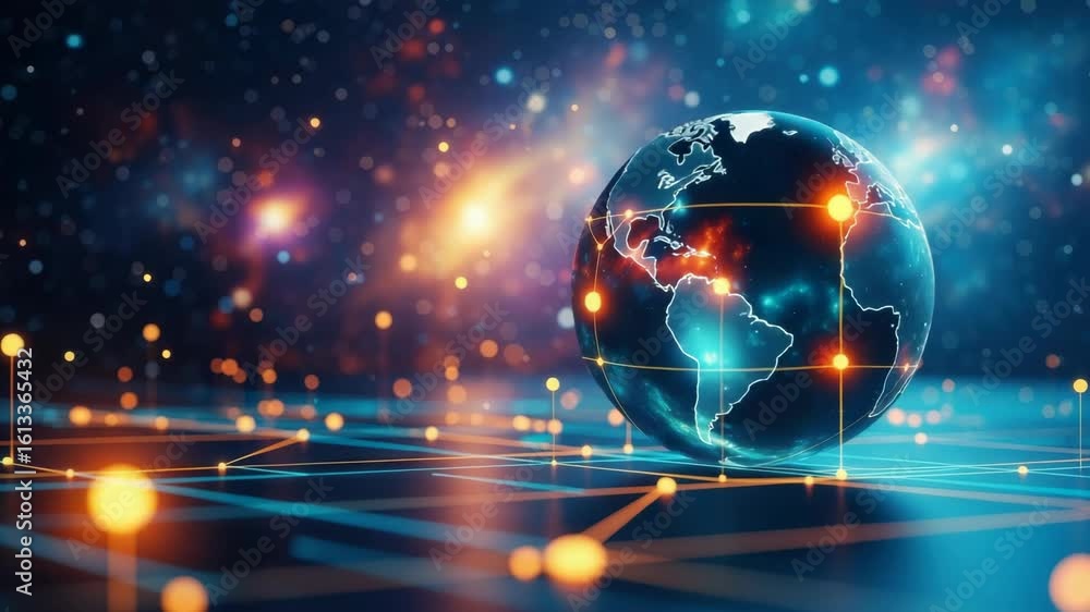 Poster a stunning digital representation of earth surrounded by glowing network lines and vibrant cosmic el