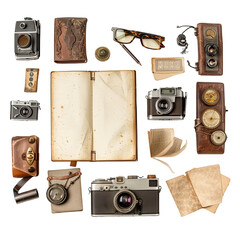 Vintage travel items arranged around an open book