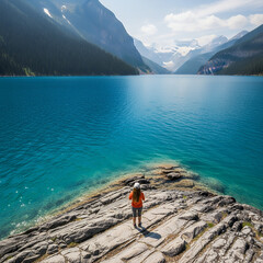 Woman in orange shirt stands on rocky shore admiring turquoise glacial lake