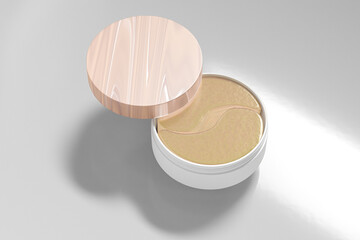 collagen eye patches in cylindrical jar container, organic hydrogel eye mask skincare packaging, collagen eye mask in white round plastic jar with wooden screw lid packaging mockup