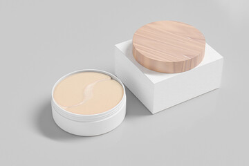 collagen eye patches in cylindrical jar container, organic hydrogel eye mask skincare packaging, collagen eye mask in white round plastic jar with wooden screw lid packaging mockup