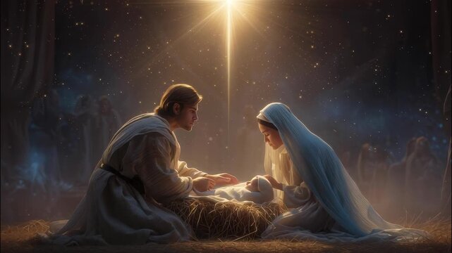 Joseph kneeling mary manger, and admiring newborn jesus lying in a and with light shining down on them video 4k