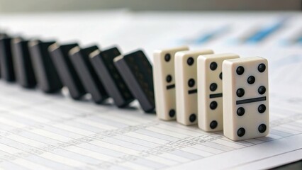 A line of dominoes set on a paper background, illustrating concepts of cause and effect or strategic decision-making.