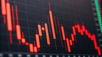 Stock market chart displaying red and orange candlestick patterns, indicating price fluctuations and trends.