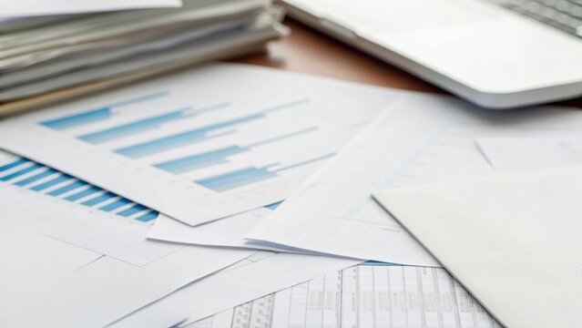 Scattered documents and reports with graphs and charts alongside a laptop, indicating a busy workspace or financial analysis.