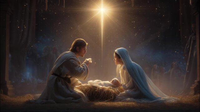 Joseph kneeling mary and and admiring newborn jesus christmas lying in a manger, with light shining down on them video, nativity scene 4k