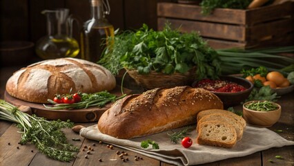 Freshly baked bread with grilled vegetables and mushrooms makes a delicious, healthy meal