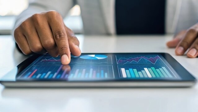 A person interacting with a tablet displaying various data visualizations, showcasing charts and graphs for analysis. - Powered by Adobe