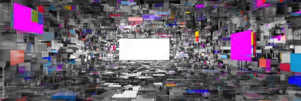 Poster glitch-style 3d panel situated in a matrix-like environment featuring an advertisement area on the c