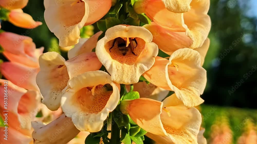 Poster a close-up macro video captures a large, fuzzy bumblebee collecting nectar and pollen as it crawls d