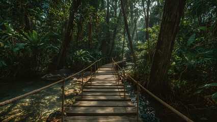 Obraz premium Wooden footbridge leading into a lush, green, tropical forest.