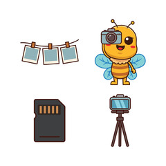 Cute flat cartoon illustration set of photography elements photo hanging clips, bee character holding a camera, SD card, and camera on tripod.