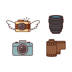 Cute flat cartoon illustration of vintage photography equipment, including a camera with wings, camera lens, happy retro camera, and film roll.