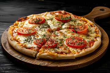 Delicious pizza topped with fresh tomatoes and herbs, served on a wooden board, showcasing appetizing textures and vibrant colors, perfect for food lovers and culinary enthusiasts