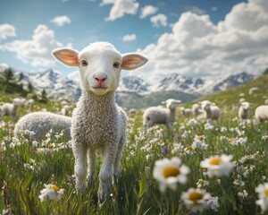 Obraz premium A curious young lamb stands in a meadow filled with flowers, surrounded by other sheep and mountains in the background.