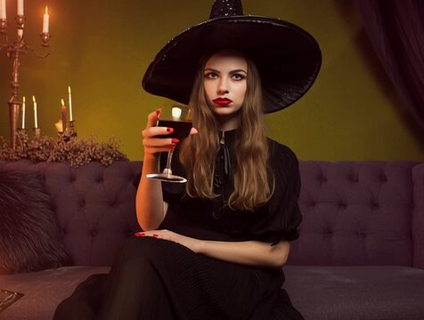 Girl in a witch hat drinks wine from a glass