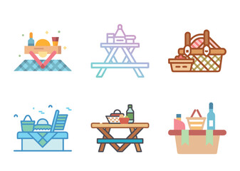 Obraz premium A cartoon illustration of multiple variations of picnic scenes with tables