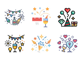 Fototapeta premium Celebratory icons showcasing new year, birthdays, love, and festive occasions