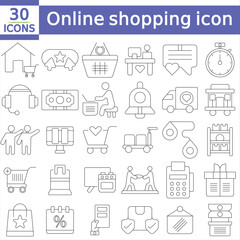 Online shopping icon set. E-commerce related line icons mobile shop, shopping cart, delivery, payment, customer service, price, sale, promotion and more.