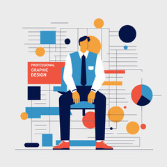 Man sitting on chair in modern graphic design style with charts  