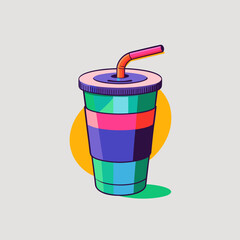 Colorful beverage cup with straw on abstract background  