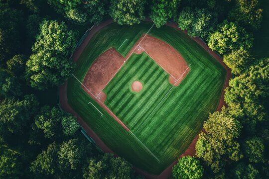 Aerial view of a pristine baseball field surrounded by lush green trees, showcasing vibrant colors and lined spaces.