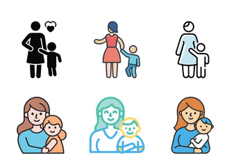Diverse Mothers with Children Icon Set Expressing Love and Care, in different styles