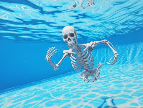 Human skeleton floating underwater in a pool