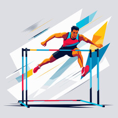 Male athlete jumping over hurdle in colorful abstract style  