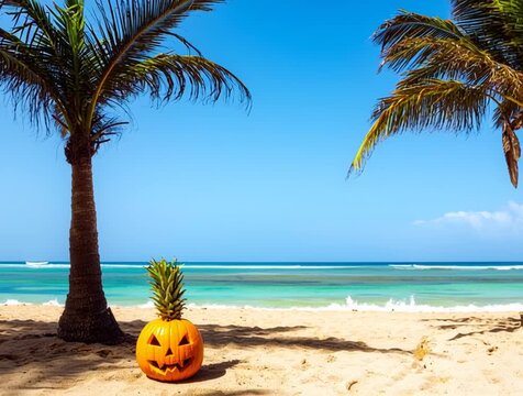 A carved pumpkin with a pineapple tail stands on the beach