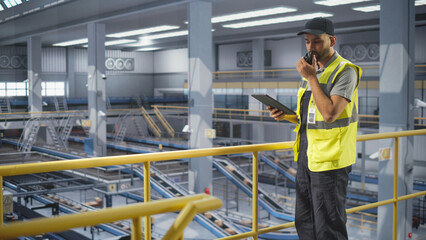 Logistics Manager Working at a Modern Logistics Center for an International Online Shopping Company. Multiethnic Man Using a Tablet Computer and a Two-Way Radio to Communicate with Colleagues