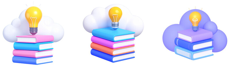 Stack of colorful books with glowing light bulb on top, surrounded by clouds, symbolizing creative learning, innovation, and inspiration in education, with cheerful mood