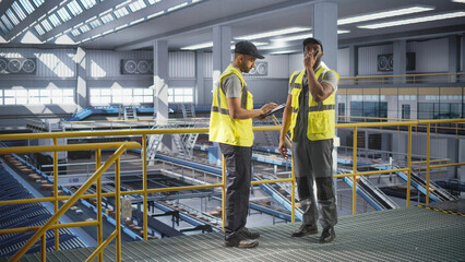 Delivery Station Warehouse Associates Using Tablet Computer to Manage the Automated Conveyor Belt Load, Prepare Online Shopping Orders for Delivery. Young Diverse People Working at a Logistics Center