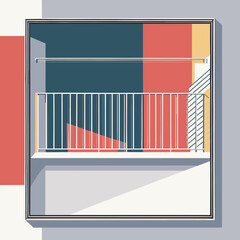 Abstract balcony view with geometric shapes and colorful walls  