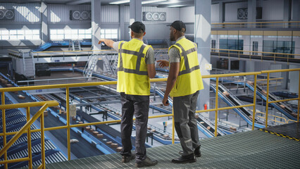 Delivery Station Warehouse Associates Having a Conversation at a Modern Logistics Center. Workers Using Tablet to Manage the Automated Conveyor Belt Load, Prepare Online Shopping Orders for Delivery