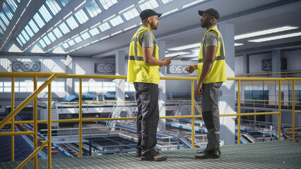Delivery Station Warehouse Associates Having a Conversation at a Modern Logistics Center. Workers Using Tablet to Manage the Automated Conveyor Belt Load, Prepare Online Shopping Orders for Delivery