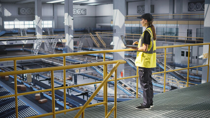 Female Working in a Modern Advanced Logistics Center with Automated Belt Conveyors for Sorting Packages. Young Woman in High Visibility Vest Using Laptop Computer in an Industrial Facility
