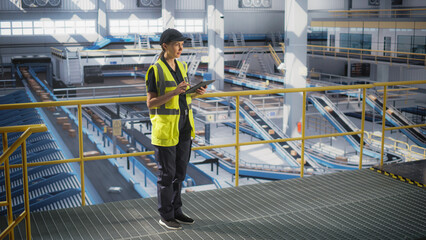Female Working in a Modern Advanced Logistics Center with Automated Belt Conveyors for Sorting Packages. Young Woman in High Visibility Vest Using Laptop Computer in an Industrial Facility