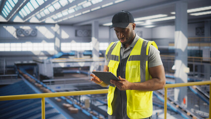 Black Employee Working at a Modern Logistics Center for an International Online Shopping Platform. African Man Using a Laptop Computer to Optimize the Orders Before Deliveries