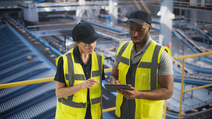 Delivery Station Warehouse Associates Having a Conversation at a Modern Logistics Center. Workers Using Tablet to Manage the Automated Conveyor Belt Load, Prepare Online Shopping Orders for Delivery