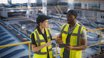 Delivery Station Warehouse Associates Having a Conversation at a Modern Logistics Center. Workers Using Tablet to Manage the Automated Conveyor Belt Load, Prepare Online Shopping Orders for Delivery
