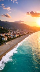 Coastal town at sunset, aerial view