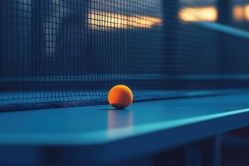 A vibrant orange ping pong ball rests on a blue table, framed by a backdrop of twilight colors.
